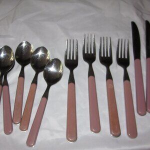 vintage Mid Century Select Stainless flatware md Korea pink handles 15 pc